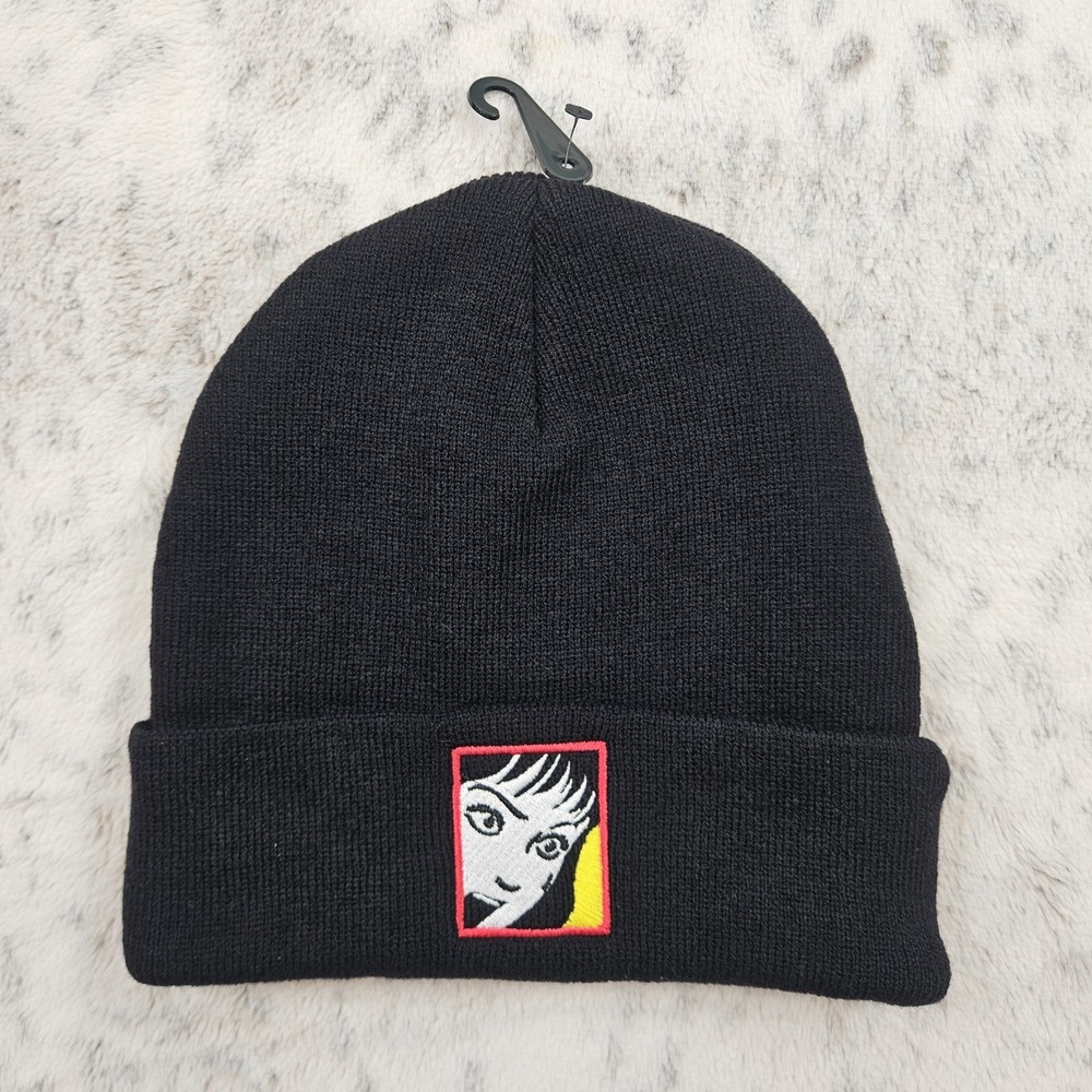 Crunchy Roll Junji Ito Collection Shocked Face Embroidered Cuff Beanie Black New